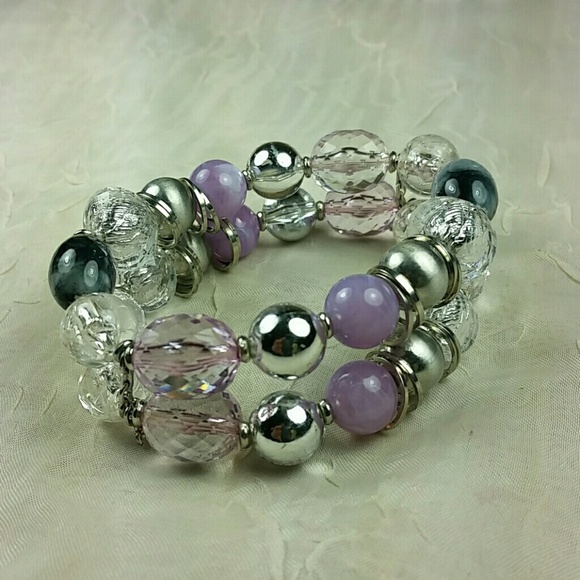 Double Strand Stretch Bracelet Pastel Pink Purple Silver Glass Beads Chunky Glam - Picture 4 of 4